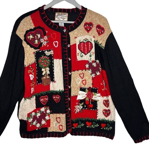 Heirloom Collectibles Embroidered Beaded Chunky Red Black Buttons Sweater Size L - Picture 1 of 15
